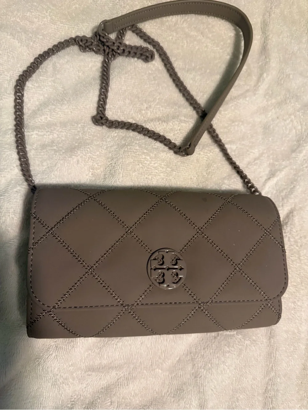 Tory Burch Quilted Leather Crossbody Bag in Taupe Gray